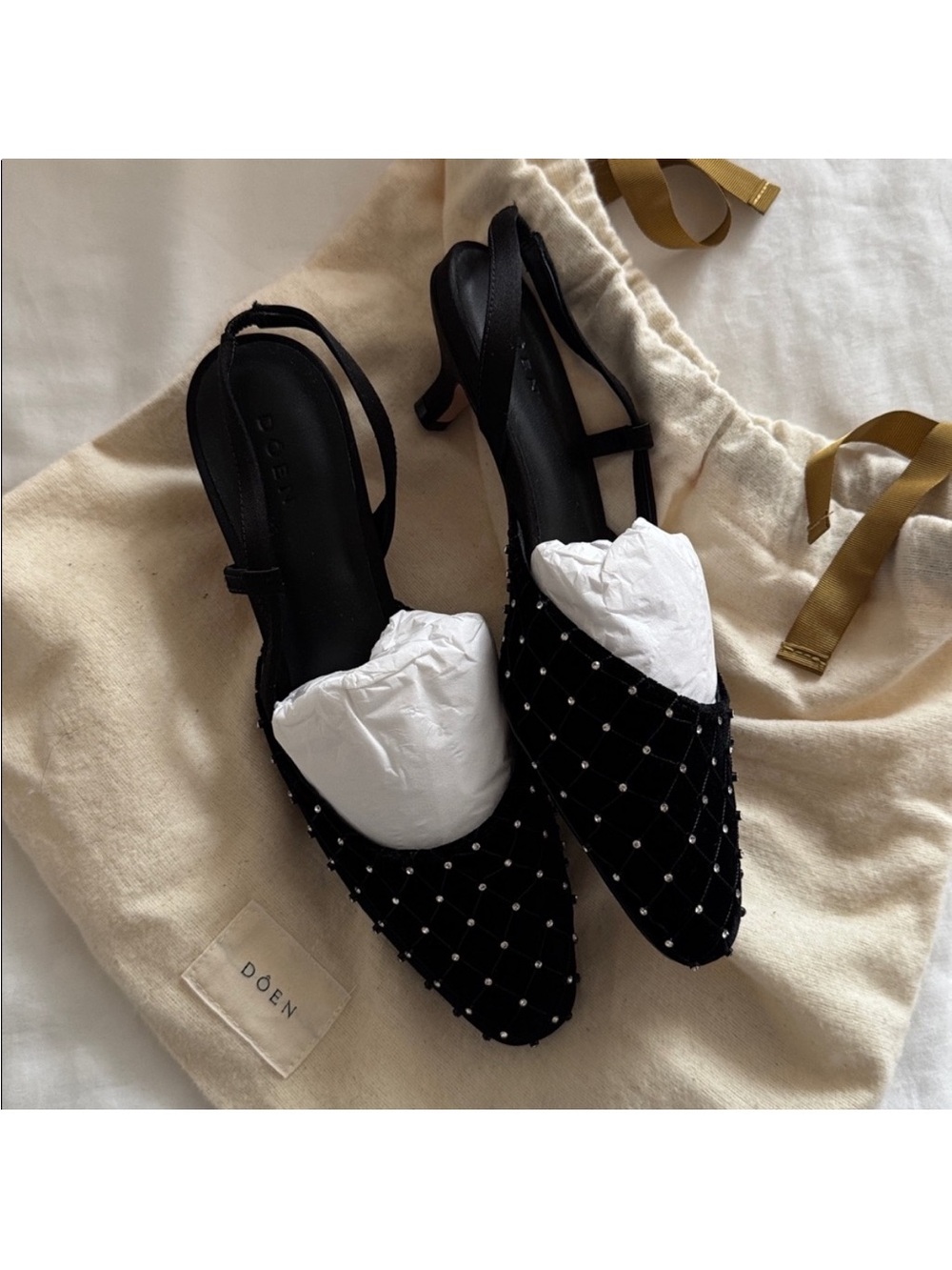 Doen Black Calvi slingback Quilted Embellished heels